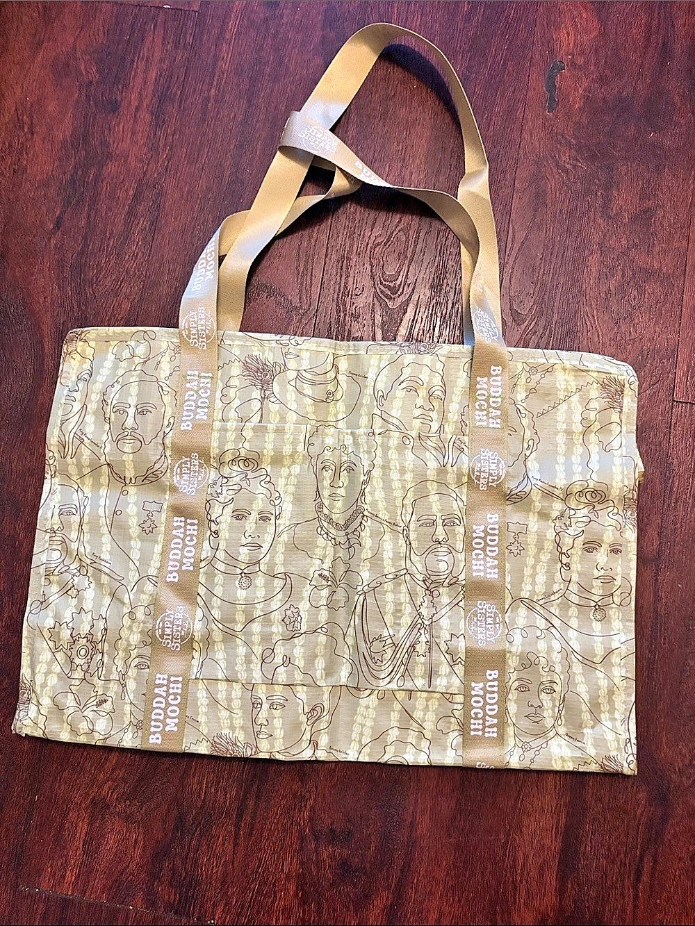 Buddah Mochi  & Simply Sisters Printed Tote Bag in Green & Brown